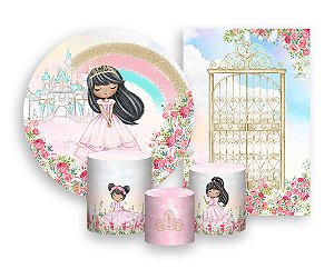 Kit 2 Painéis De Festa + Trio De Capas Cilindro -  Jardim Rosa Aquarela 019