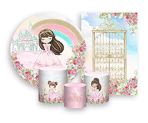 Kit 2 Painéis De Festa + Trio De Capas Cilindro - Jardim Rosa Princesa Morena 021