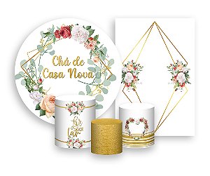 Kit 2 Painéis De Festa + Trio De Capas Cilindro - Chá de Casa Nova Geométrico Floral 001