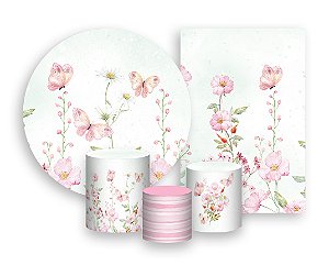 Kit 2 Painéis De Festa + Trio De Capas Cilindro - Jardim Rosa e Verde Borboletas 025