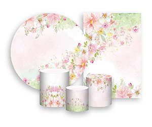 Kit 2 Painéis De Festa + Trio De Capas Cilindro - Flores Rosa Verde Tons Pastéis 026