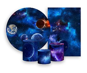 Kit 2 Painéis De Festa + Trio De Capas Cilindro - Galáxia Azul Planetas 001