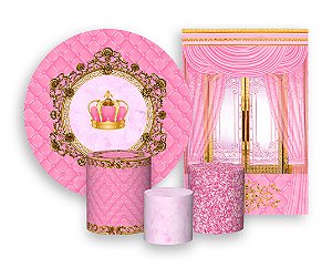 Kit 2 Painéis De Festa + Trio De Capas Cilindro - Coroa Realeza Capitonê Rosa 001