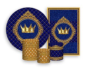 Kit 2 Painéis De Festa + Trio De Capas Cilindro - Coroa Realeza Azul e Dourado 005