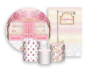 Kit 2 Painéis De Festa + Trio De Capas Cilindro - Confeitaria Patisserie Rosa 003