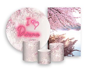 Kit 2 Painéis De Festa + Trio De Capas Cilindro - Dorama Flor de Cerejeira Rosa 002