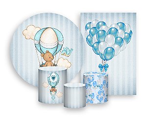 Kit 2 Painéis De Festa + Trio De Capas Cilindro - Ursinho Baloeiro Azul Claro 004