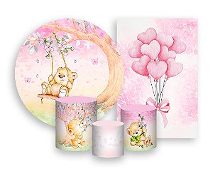 Kit 2 Painéis De Festa + Trio De Capas Cilindro - Ursinha Aquarela no Jardim 009