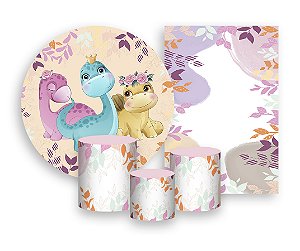 Kit 2 Painéis De Festa + Trio De Capas Cilindro - Dinossauros Cute Floral 007