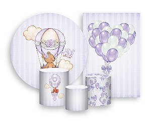 Kit 2 Painéis De Festa + Trio De Capas Cilindro - Ursinha Baloeira Lilás 012