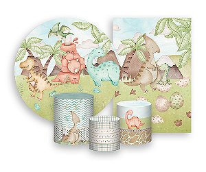 Kit 2 Painéis De Festa + Trio De Capas Cilindro - Dinossauros Cute Aquarela 008