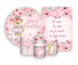 Kit 2 Painéis De Festa + Trio De Capas Cilindro - Chá de Fraldas Ursinha Rosa 019