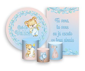 Kit 2 Painéis De Festa + Trio De Capas Cilindro - Chá de Fraldas Ursinho Azul 020