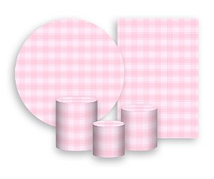 Kit 2 Painéis De Festa + Trio De Capas Cilindro - Estampa Xadrez Rosa Suave 011