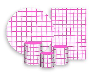 Kit 2 Painéis De Festa + Trio De Capas Cilindro - Estampa Grid Quadriculada Pink 039