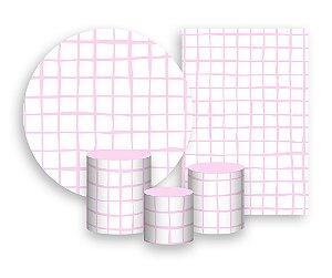 Kit 2 Painéis De Festa + Trio De Capas Cilindro - Estampa Grid Quadriculada Rosa Suave 041