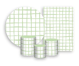 Kit 2 Painéis De Festa + Trio De Capas Cilindro - Estampa Grid Quadriculada Verde Suave 043