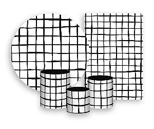 Kit 2 Painéis De Festa + Trio De Capas Cilindro - Estampa Grid Quadriculada Preto 045