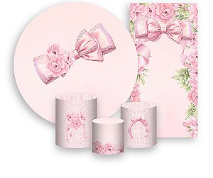 Painel De Festa + Trio De Capas Cilindro + Faixa Veste Fácil - Laço Rosa com Flores 020