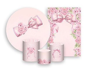 Kit 2 Painéis De Festa + Trio De Capas Cilindro - Laço Rosa com Flores 018