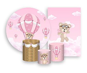 Kit 2 Painéis De Festa + Trio De Capas Cilindro - Ursinha Baloeira com Nuvens Rosa 021