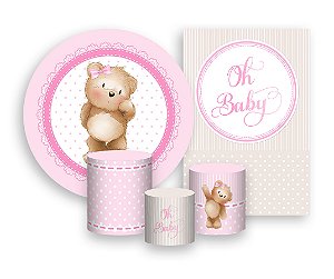 Kit 2 Painéis De Festa + Trio De Capas Cilindro - Ursinha Cute Rosa Claro 022