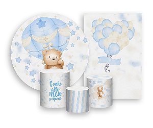 Kit 2 Painéis De Festa + Trio De Capas Cilindro - Ursinho Baloeiro Sonhos nas Nuvens 024