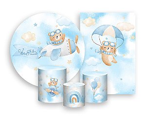 Kit 2 Painéis De Festa + Trio De Capas Cilindro - Ursinho Aviador Azul e Bege 026