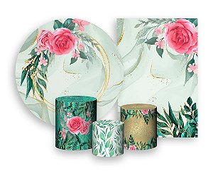 Kit 2 Painéis De Festa + Trio De Capas Cilindro - Flores Efeito Mármore Verde 001