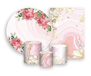 Kit 2 Painéis De Festa + Trio De Capas Cilindro - Flores Efeito Mármore Rosa 006