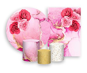 Kit 2 Painéis De Festa + Trio De Capas Cilindro - Flores Efeito Mármore Pink 008