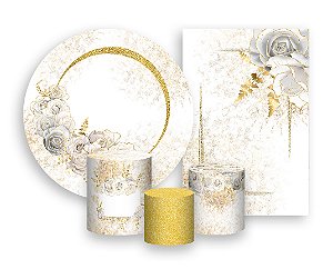 Kit 2 Painéis De Festa + Trio De Capas Cilindro - Flores Brancas com Dourado 022