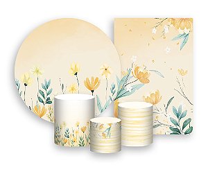 Kit 2 Painéis De Festa + Trio De Capas Cilindro - Flores Amarelas Aquarela 024