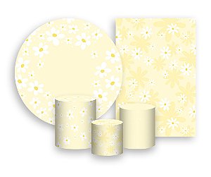 Kit 2 Painéis De Festa + Trio De Capas Cilindro - Margaridas Fundo Amarelo Suave 026