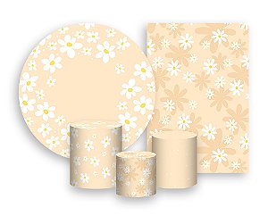 Kit 2 Painéis De Festa + Trio De Capas Cilindro - Margaridas Fundo Bege Suave 028