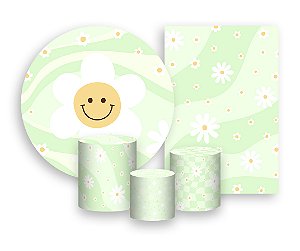 Kit 2 Painéis De Festa + Trio De Capas Cilindro - Flor Sorridente Fundo Verde 035