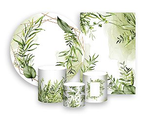 Kit 2 Painéis De Festa + Trio De Capas Cilindro - Folhagens Efeito Mámore Verde 043