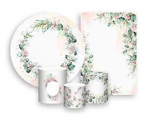 Kit 2 Painéis De Festa + Trio De Capas Cilindro - Flores e Folhas Verde e Rosa 044