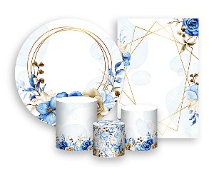 Kit 2 Painéis De Festa + Trio De Capas Cilindro - Geométrico Floral Azul 046