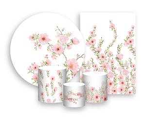 Kit 2 Painéis De Festa + Trio De Capas Cilindro - Jardim Flores Rosas 047