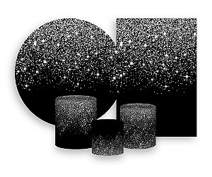 Kit 2 Painéis De Festa + Trio De Capas Cilindro - Preto Efeito Glitter Prata 002