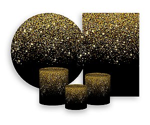 Kit 2 Painéis De Festa + Trio De Capas Cilindro - Preto Efeito Glitter Dourado 003