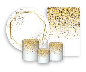 Kit 2 Painéis De Festa + Trio De Capas Cilindro - Branco Efeito Glitter Dourado 008