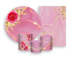 Kit 2 Painéis De Festa + Trio De Capas Cilindro - Flores Efeito Mármore Rosa 011