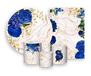 Kit 2 Painéis De Festa + Trio De Capas Cilindro - Flores Azuis Efeito Mármore Rose 012