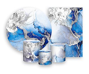 Kit 2 Painéis De Festa + Trio De Capas Cilindro - Efeito Mármore Azul e Prata 024