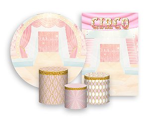 Kit 2 Painéis De Festa + Trio De Capas Cilindro - Circo Rosa e Dourado Aquarela 004