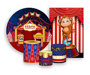 Kit 2 Painéis De Festa + Trio De Capas Cilindro - Circo Azul e Dourado 007
