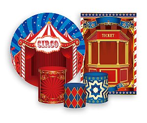 Kit 2 Painéis De Festa + Trio De Capas Cilindro - Circo Clássico Azul e Vermelho 009