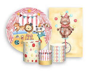 Kit 2 Painéis De Festa + Trio De Capas Cilindro - Animais Circo Aquarela 011